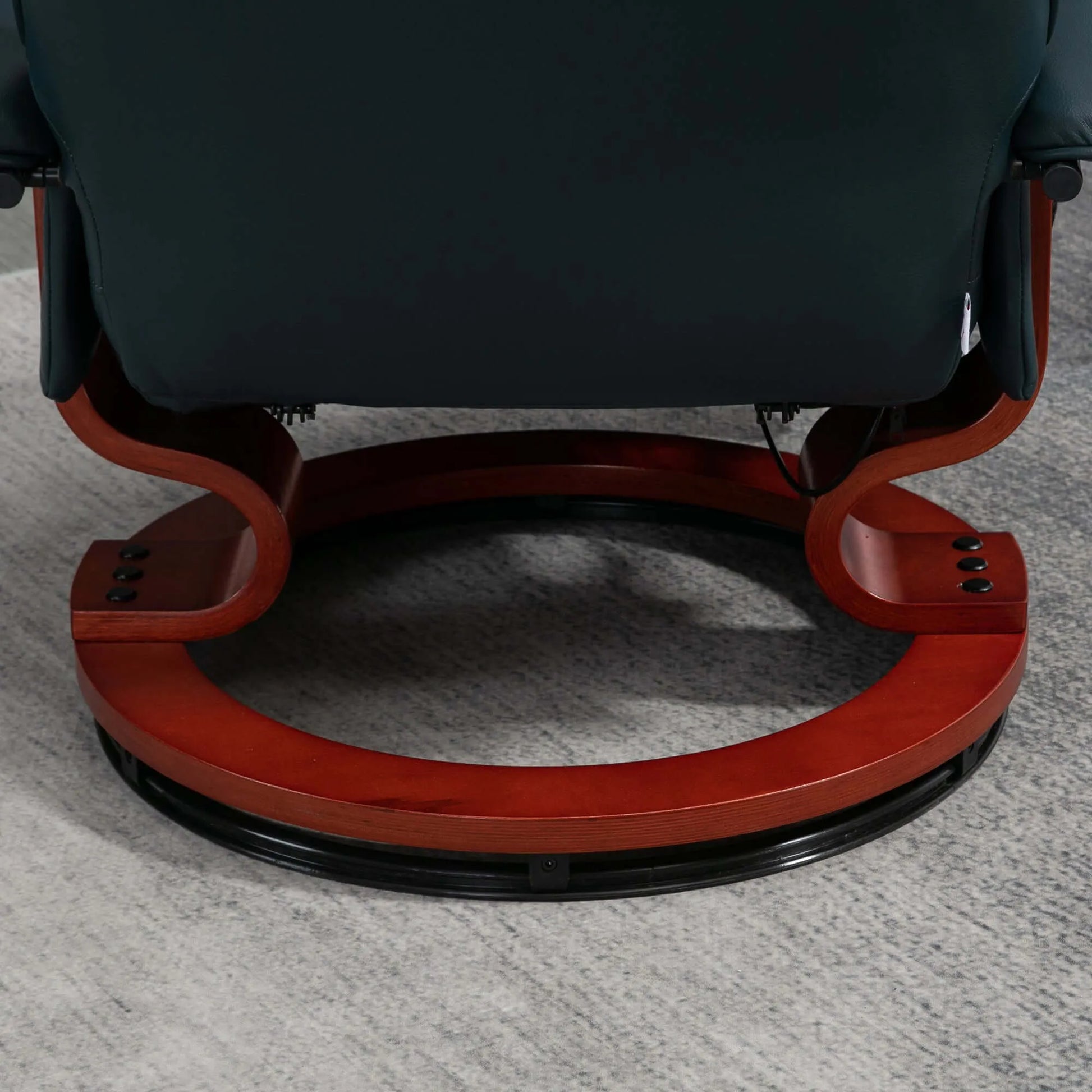 Close up of a blue recliner wooden base