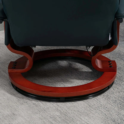 Close up of a blue recliner wooden base