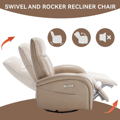 Brown swivel and rocker recliner chair with features highlighted on a white background