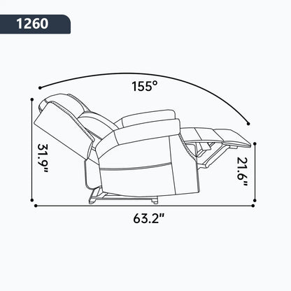 Diagram of a recliner chair with dimensions labeled