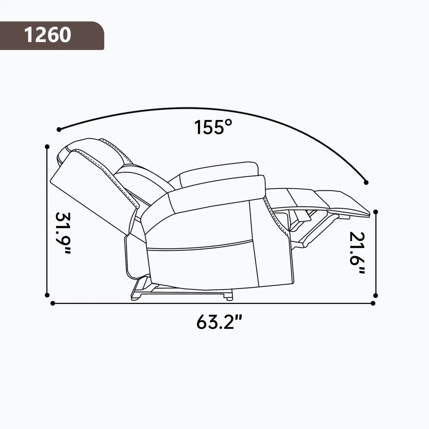 Diagram of a recliner chair with dimensions labeled