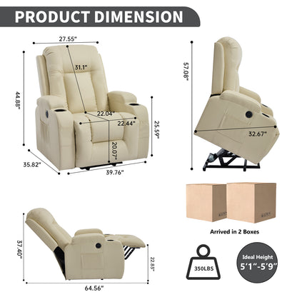 350 LB Power Lift Recliner w/ Massage, Heat, USB, Cup Holders-Beige