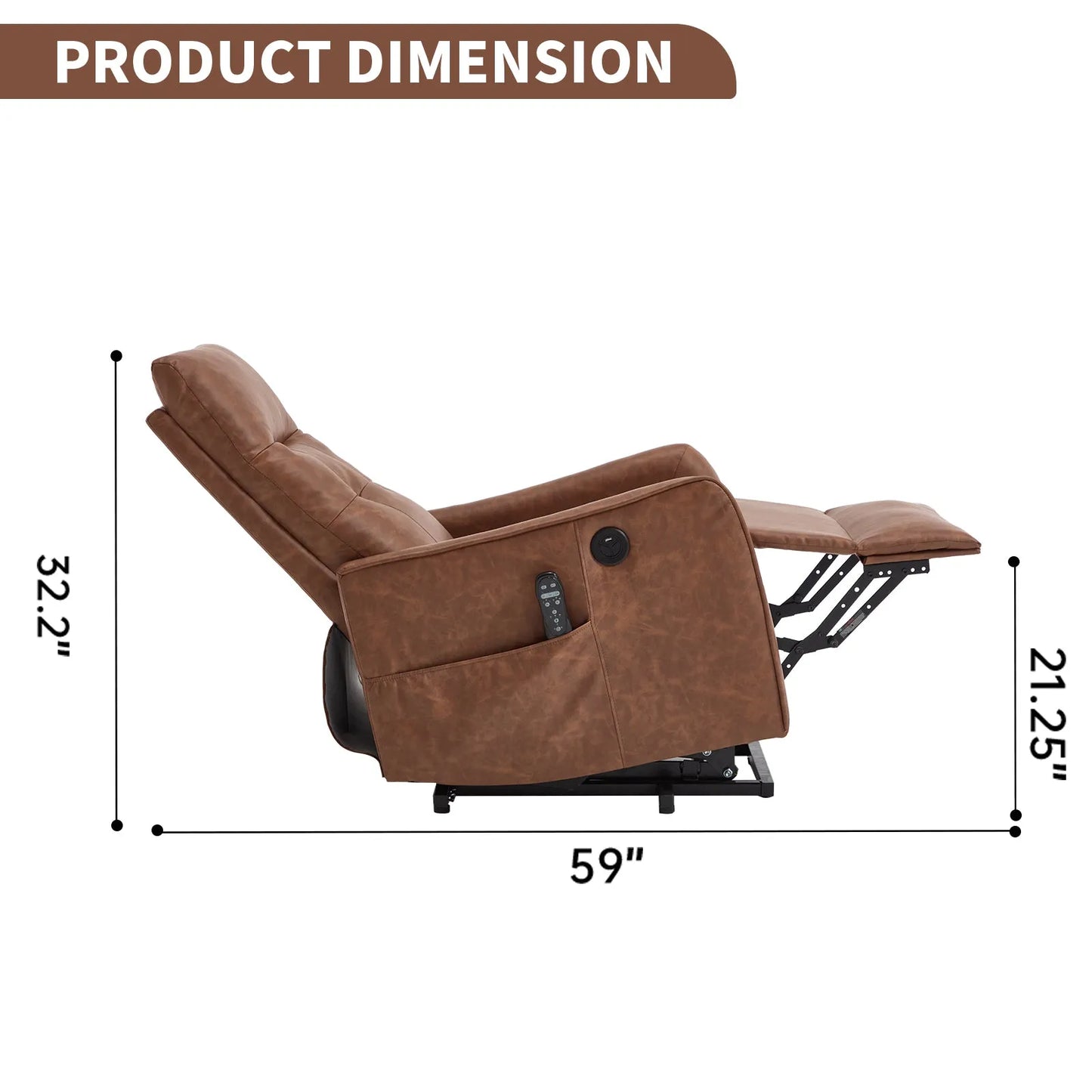 Brown recliner chair with dimensions labeled on a white background