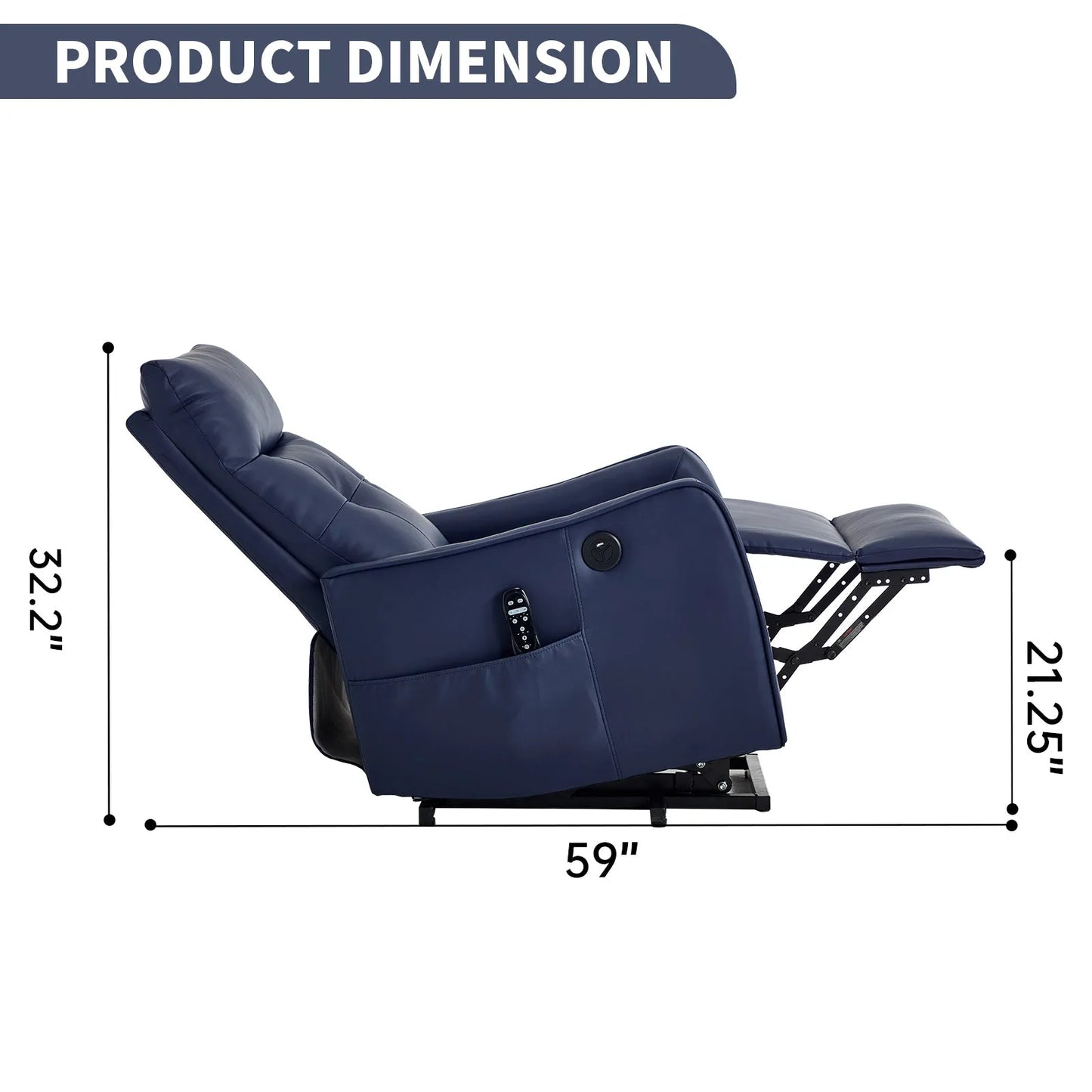 Navy blue recliner chair with dimensions labeled on a white background