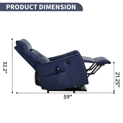 Navy blue recliner chair with dimensions labeled on a white background