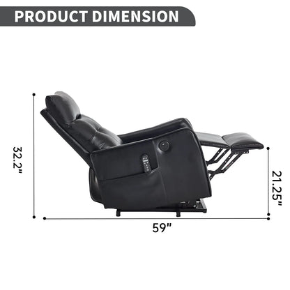 Black lift recliner chair with dimensions labeled on a white background