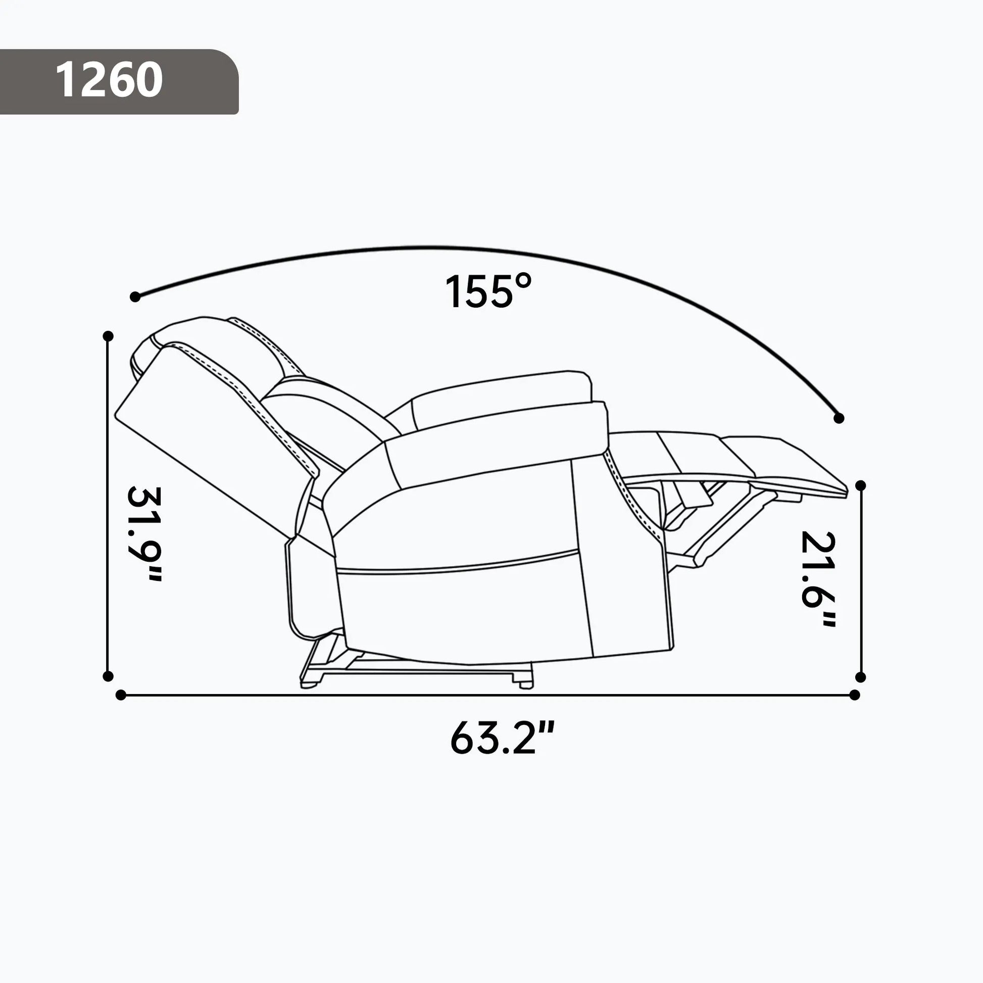 Diagram of a recliner chair with dimensions labeled
