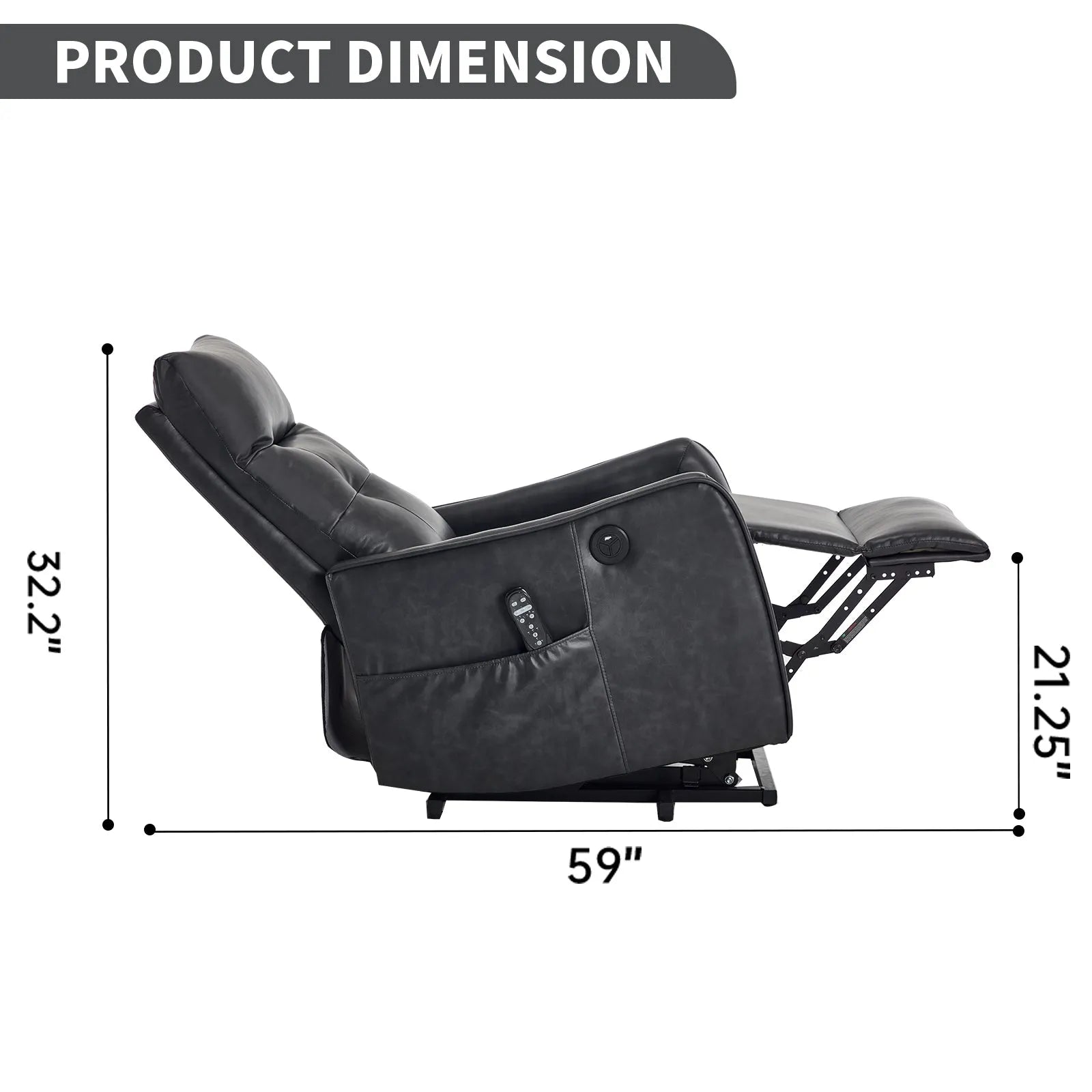 Black recliner chair with dimensions labeled on a white background