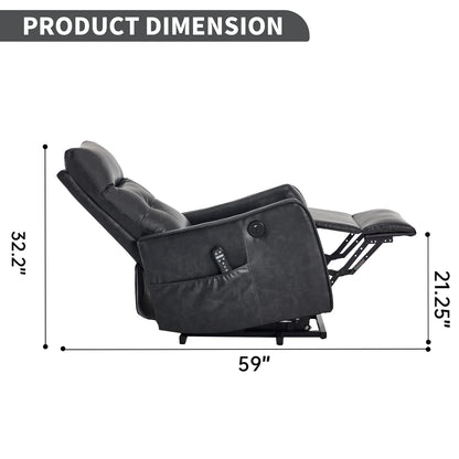 Black recliner chair with dimensions labeled on a white background