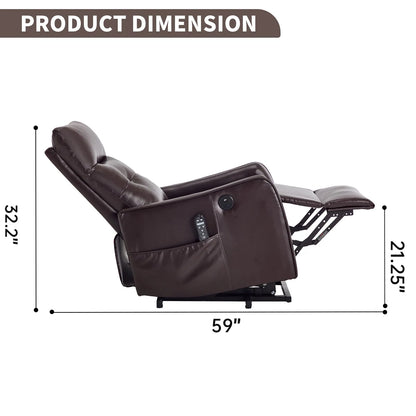 Brown recliner chair with dimensions labeled on a white background