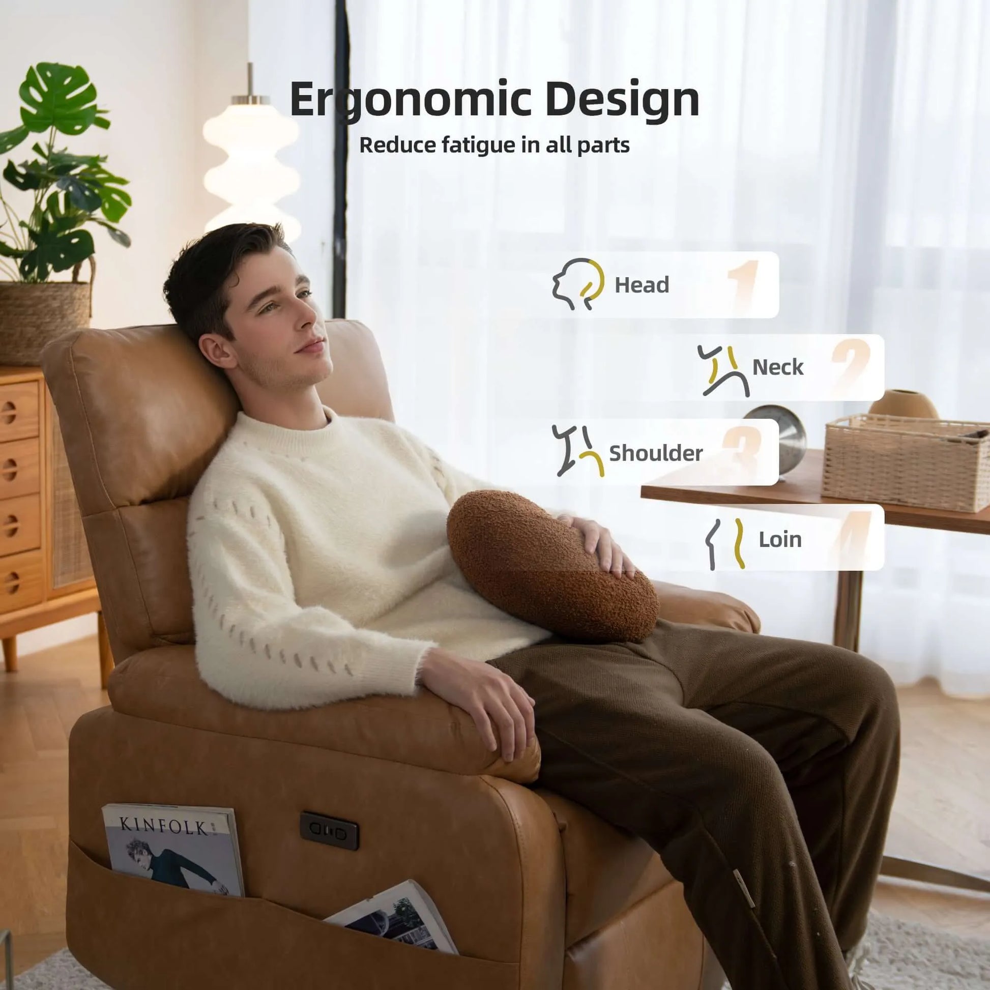 Person relaxing in a brown recliner chair with ergonomic design features highlighted.