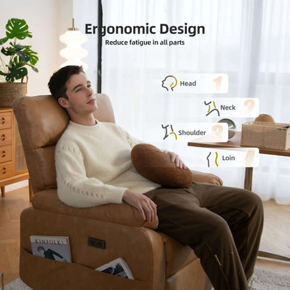 Person relaxing in a brown recliner chair with ergonomic design features highlighted.