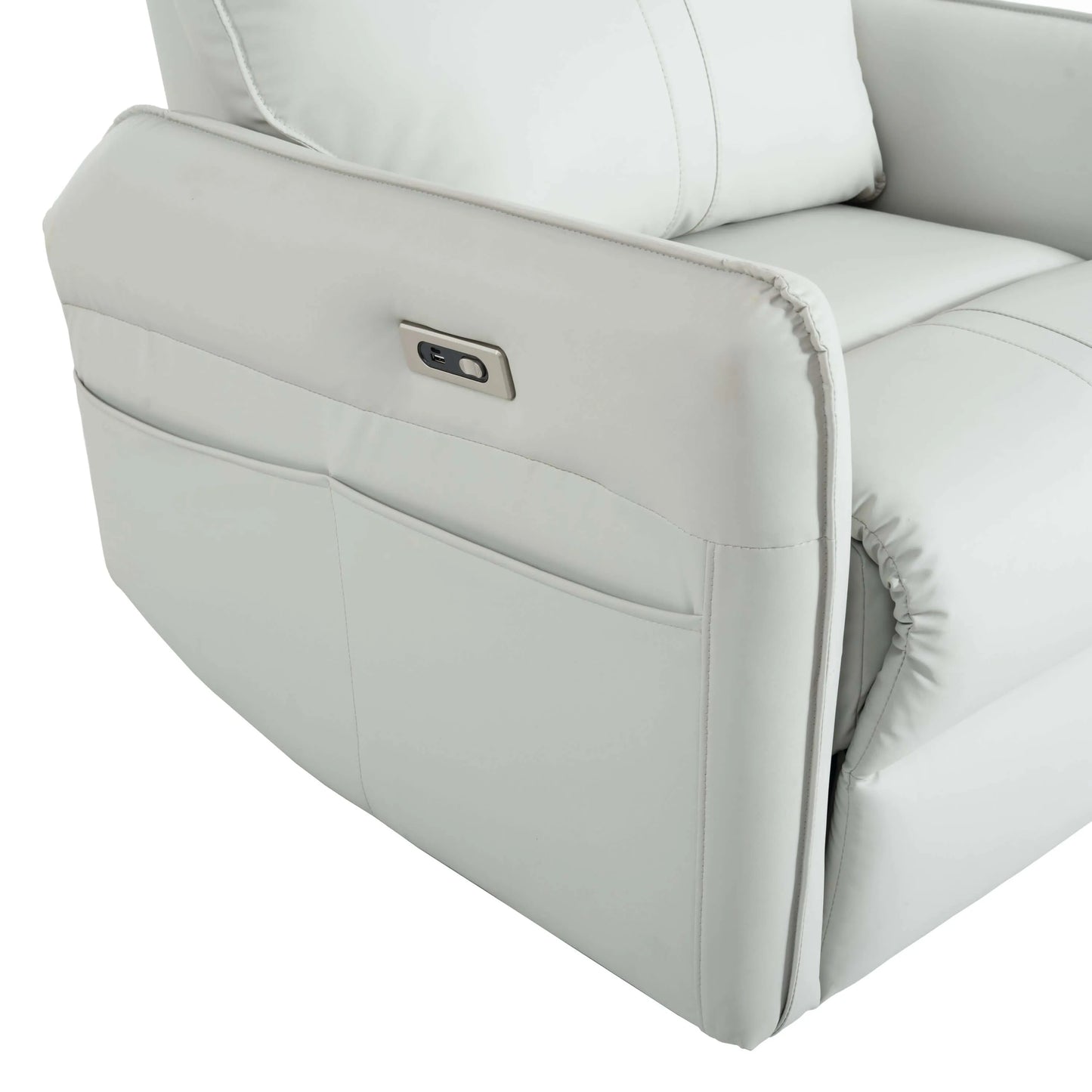 Gray recliner chair with power button on a white background