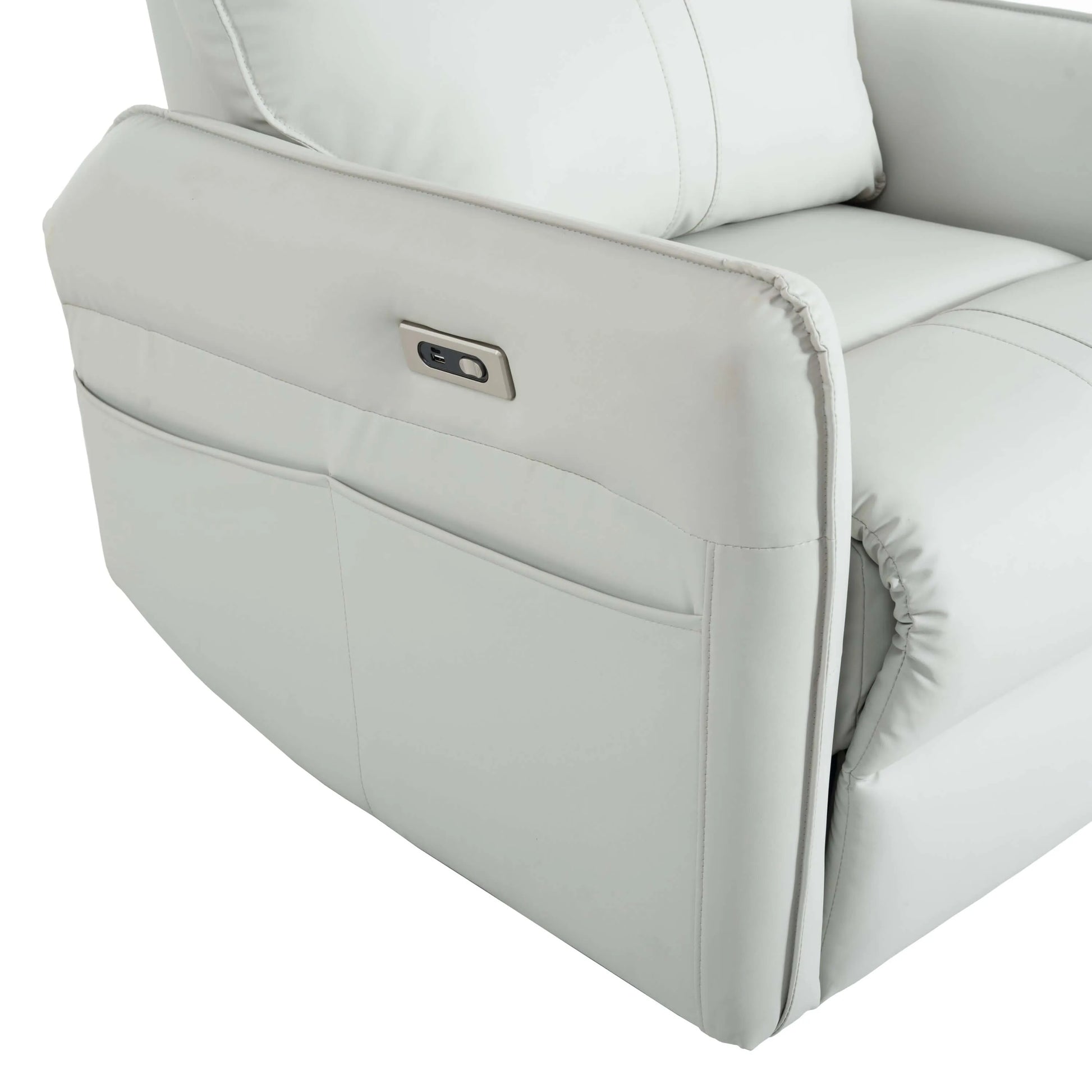 Gray recliner chair with power button on a white background