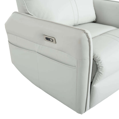 Gray recliner chair with power button on a white background