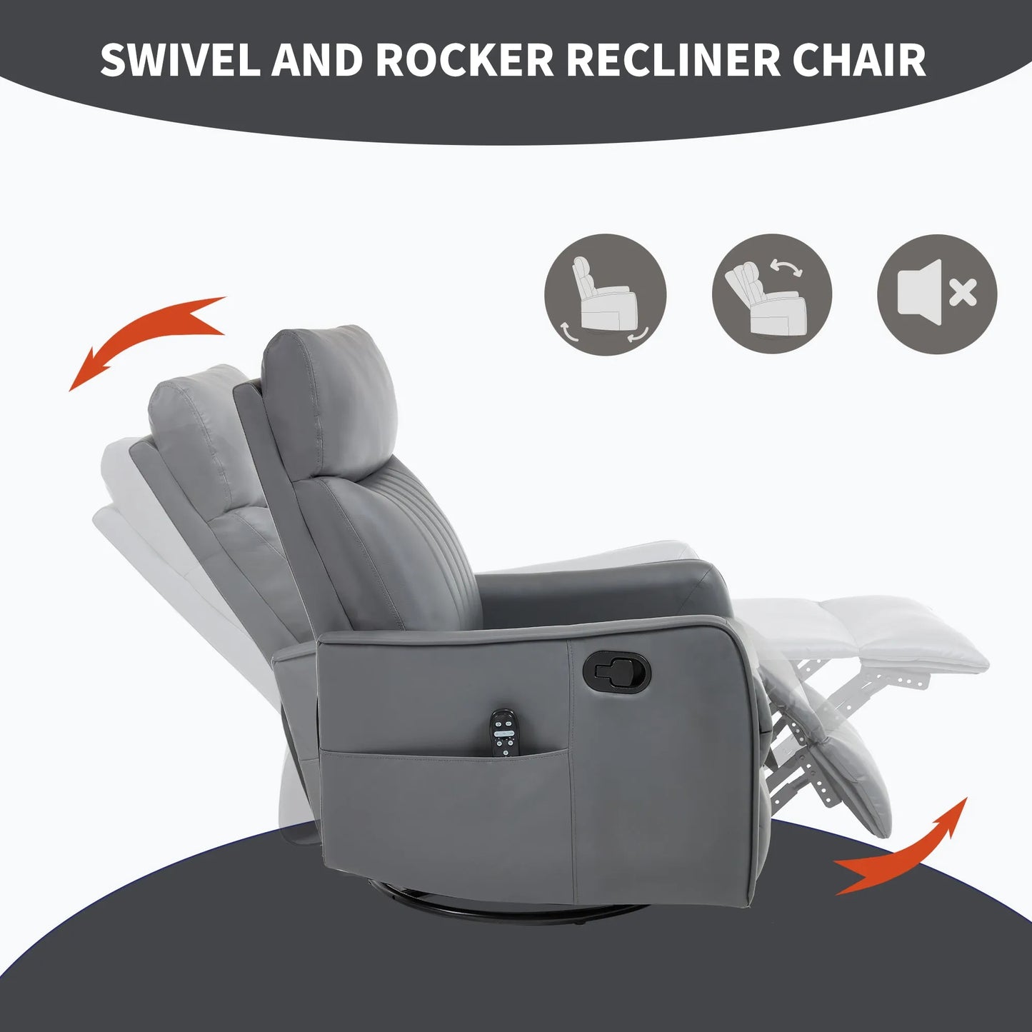 Gray swivel and rocker recliner chair with features indicated on a white background
