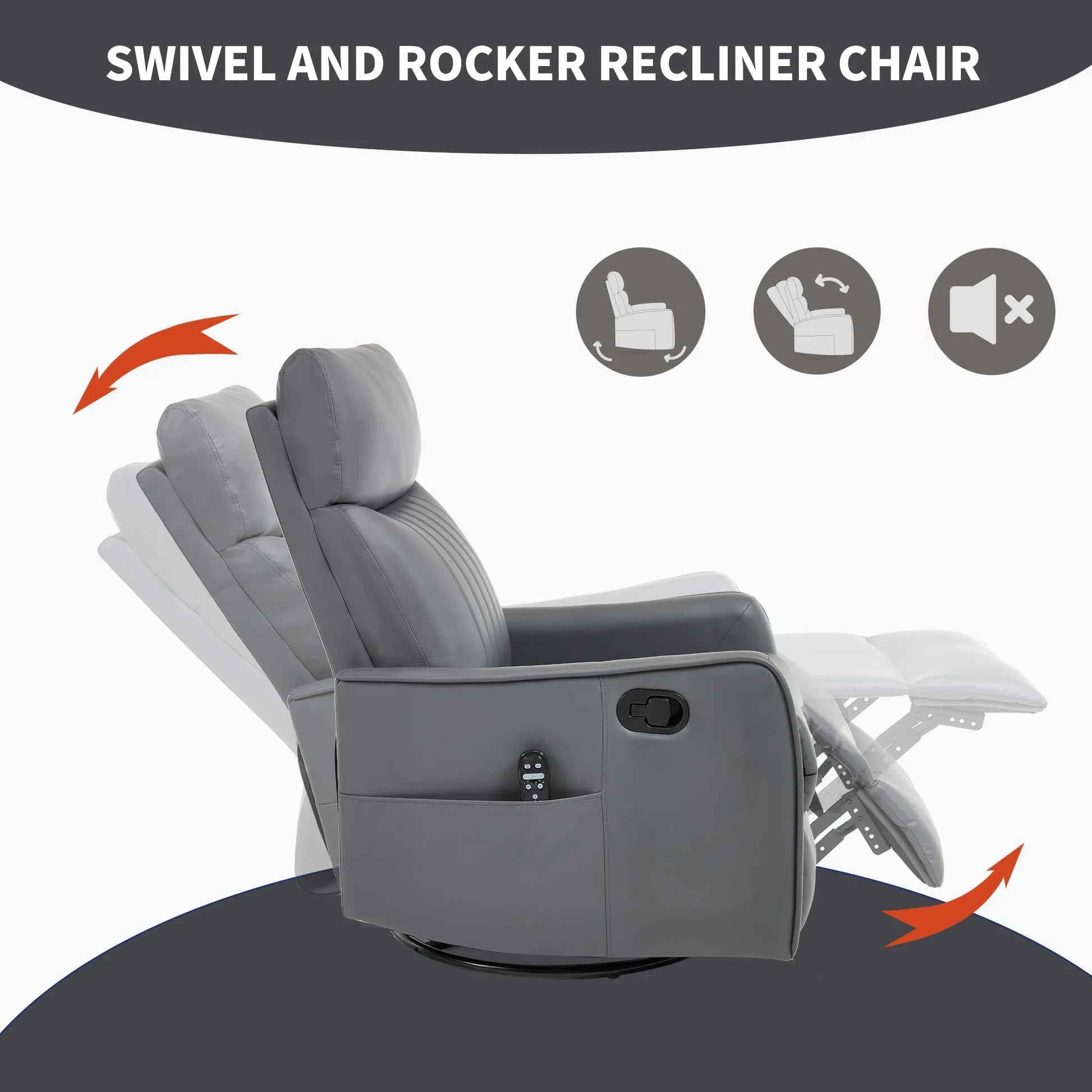 Gray swivel and rocker recliner chair with features indicated on a white background