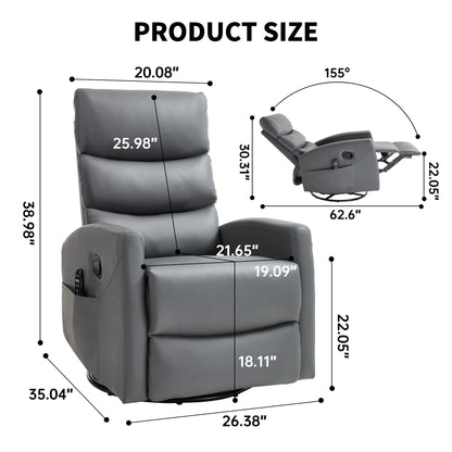 Gray recliner chair with dimensions labeled on a white background