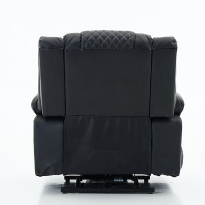 Back side view of a black recliner chair with quilted backrest on a white background