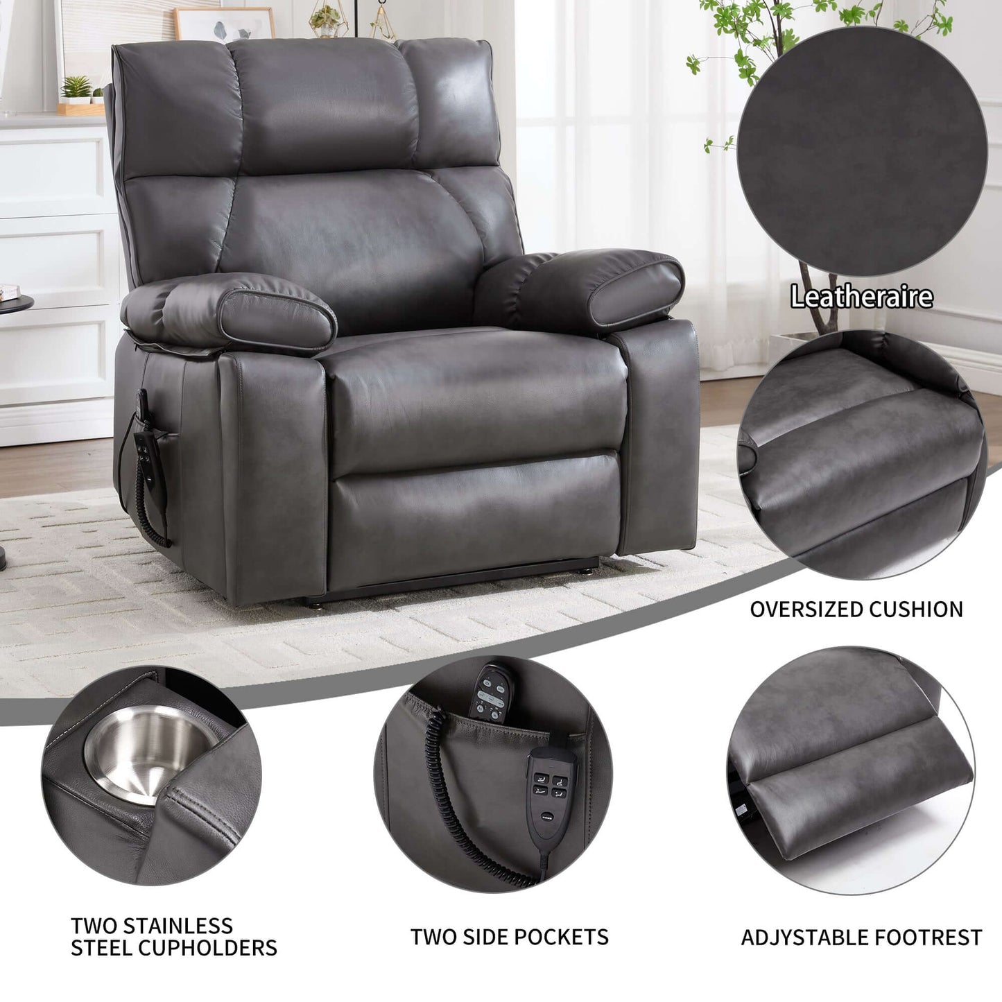 Leatheraire Power Lift Recliner w/ Heat, Massage & Remote/Dark Gray