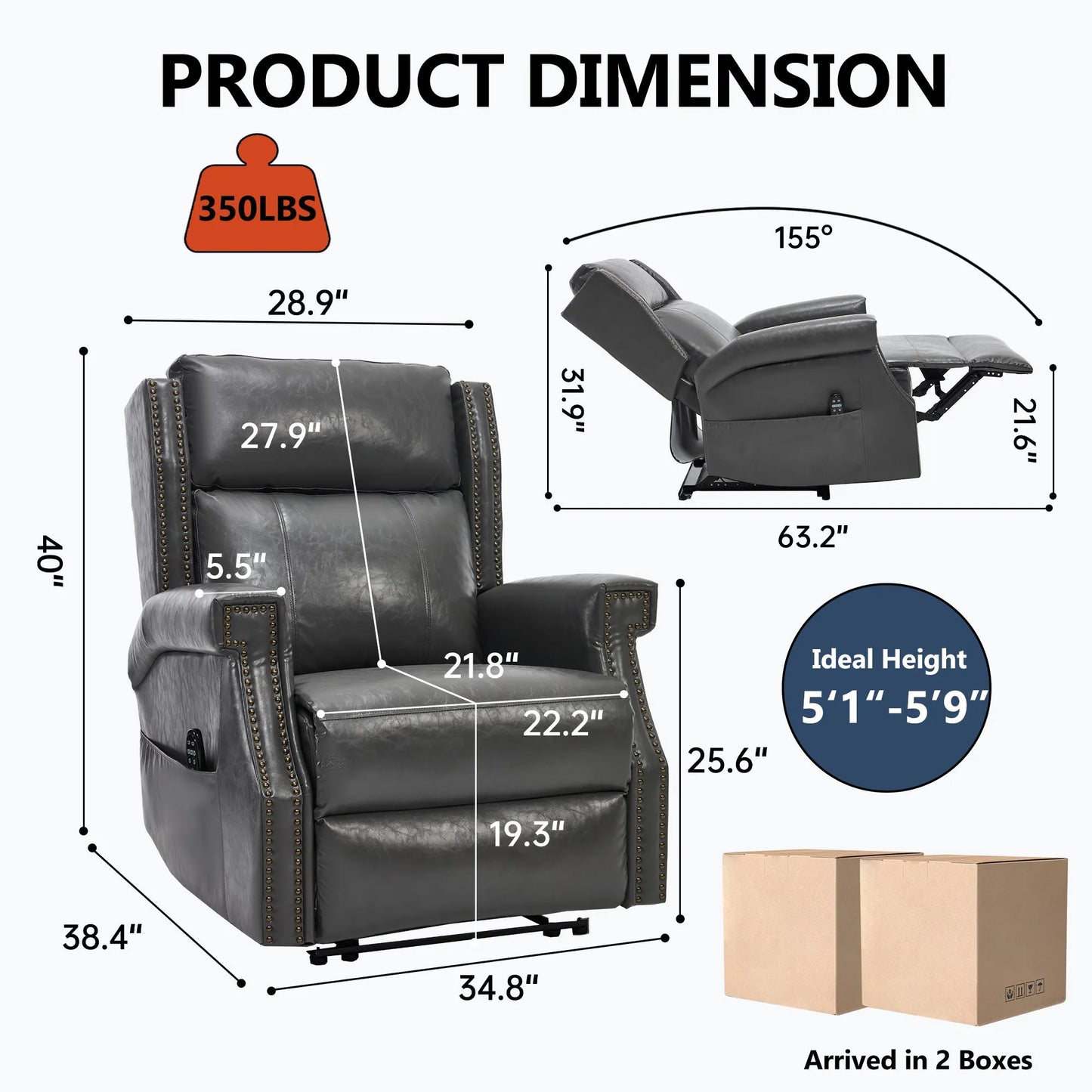 Dimensions and weight capacity of a gray recliner chair with a cardboard box for scale.