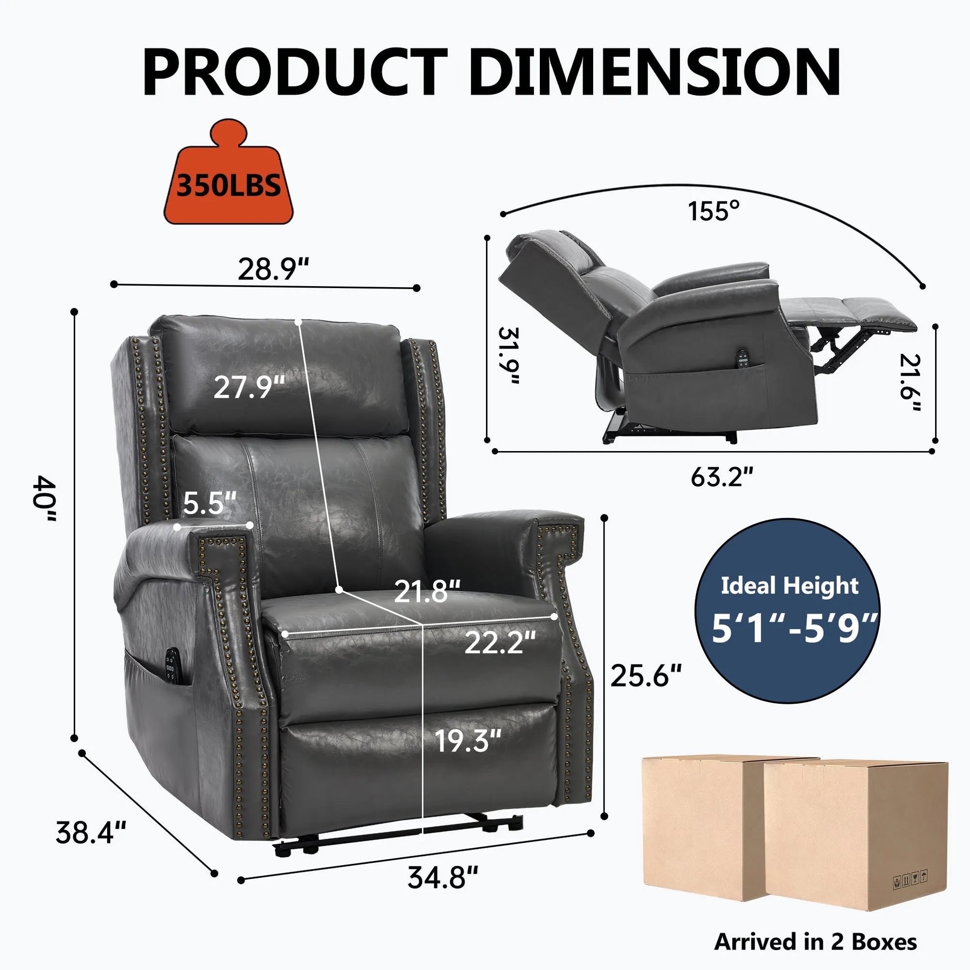 Dimensions and weight capacity of a gray recliner chair with a cardboard box for scale.