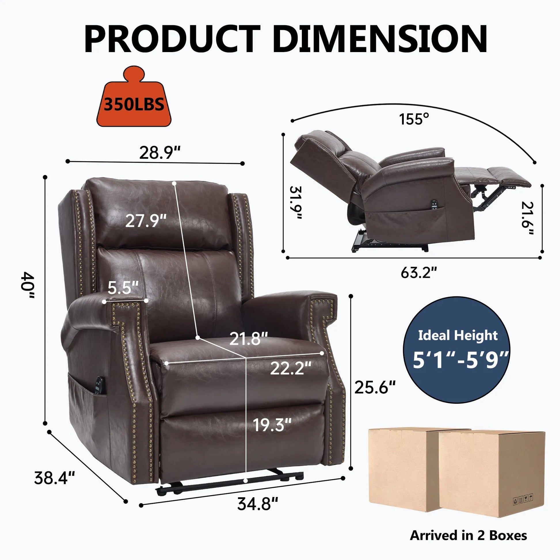 Dimensions and product details of a brown recliner chair with weight limit and dimensions displayed.