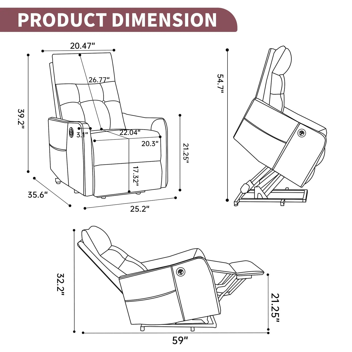 Dimensions of a recliner chair shown with measurements in inches.