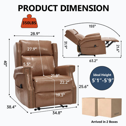 Brown recliner chair with dimensions and product details on a white background
