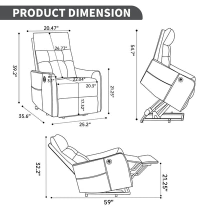 Dimensions of a recliner lift chair shown in multiple views with measurements.