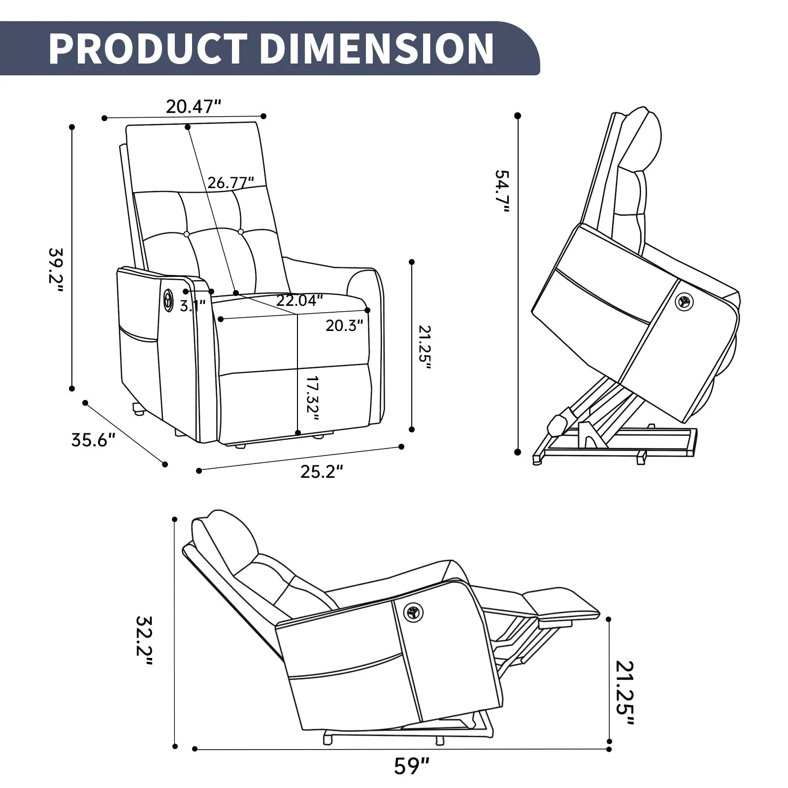 Dimensions of a recliner lift chair shown with measurements in inches.