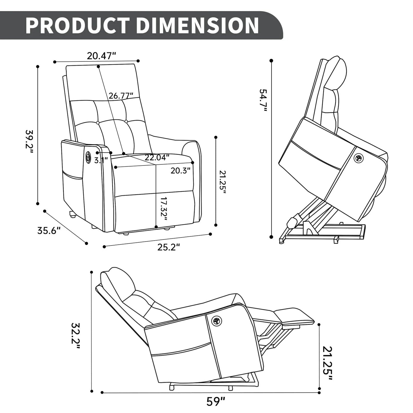 Dimensions of a recliner chair shown in multiple views with measurements.