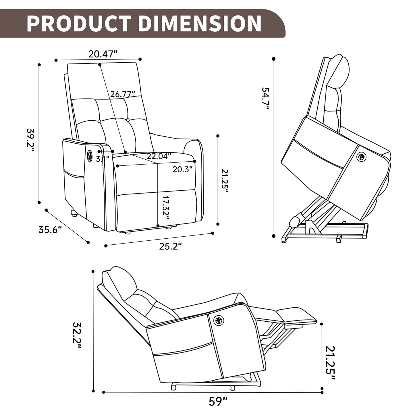 Dimensions of a recliner chair with multiple dimension measurements in inches.