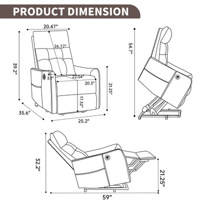 Dimensions of a recliner chair with multiple dimension measurements in inches.