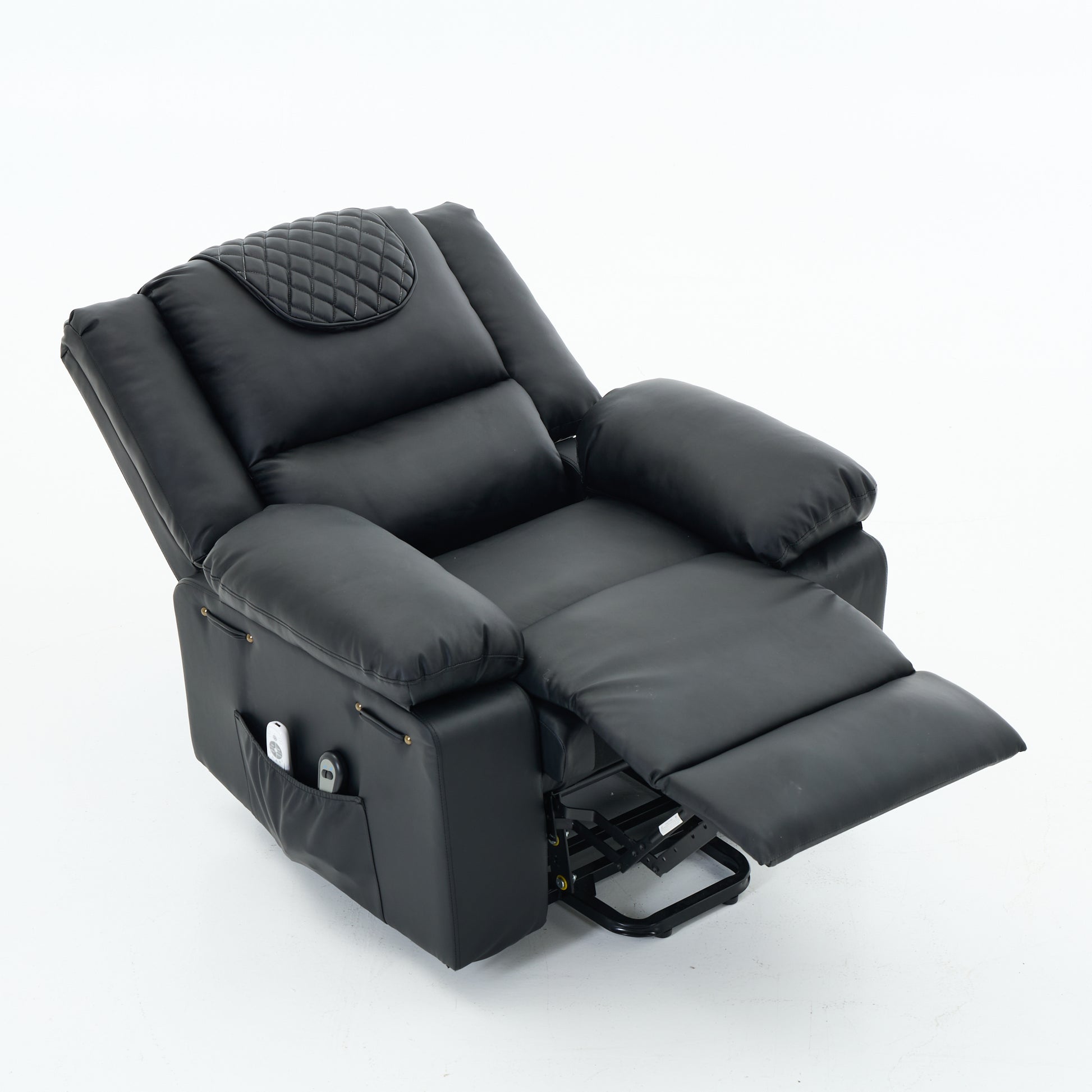 Top view of a black recliner chair fully reclined on a white background