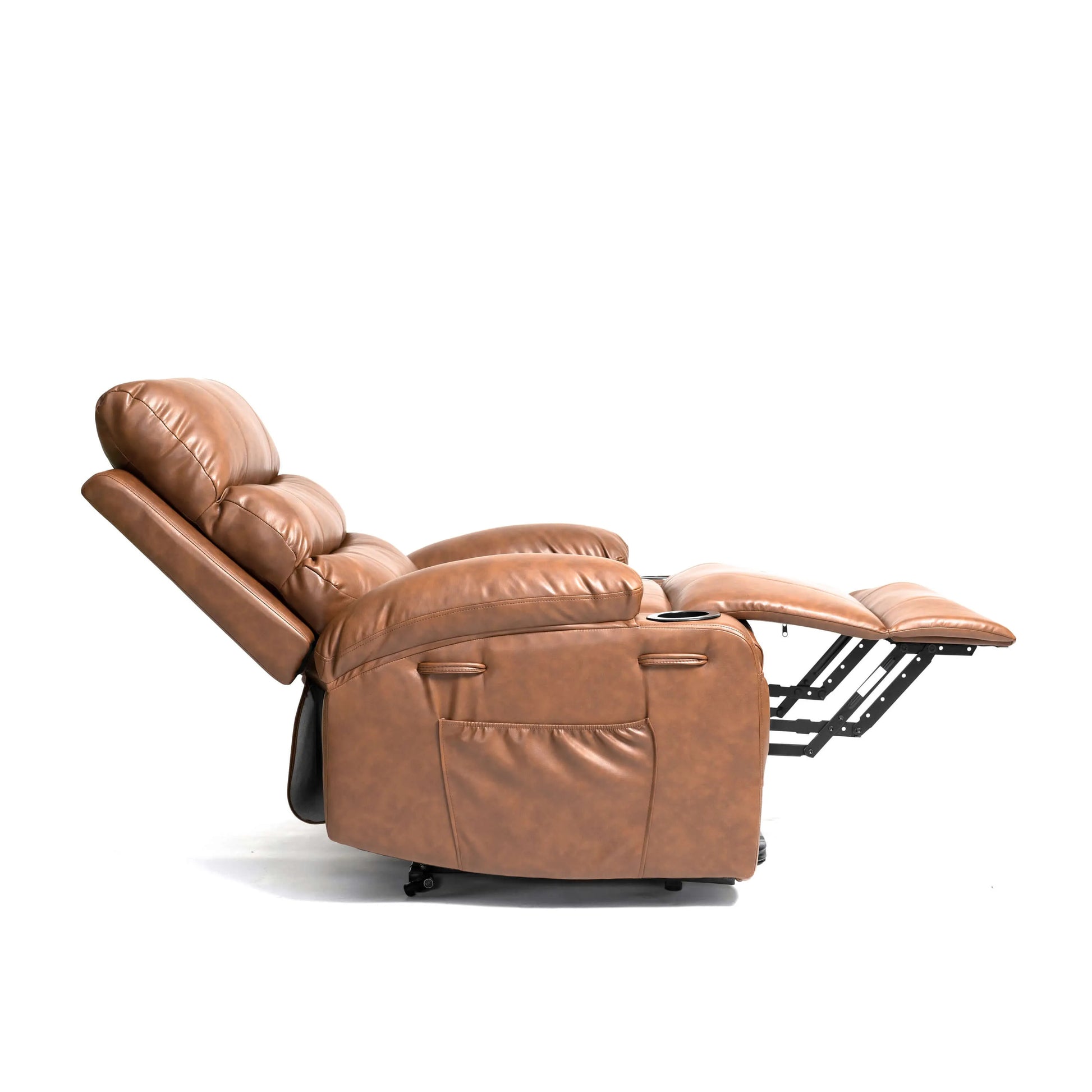 Brown faux leather power lift recliner chair fully extended with plush cushioning and lumbar support built for full-body relaxation and therapeutic comfort on a white background