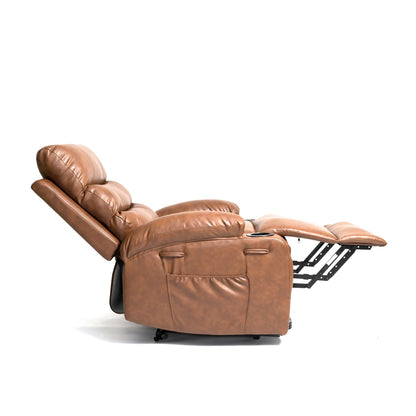Brown faux leather power lift recliner chair fully extended with plush cushioning and lumbar support built for full-body relaxation and therapeutic comfort on a white background