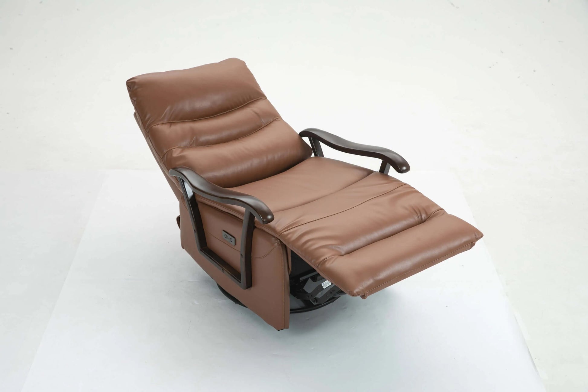 Fully reclined brown leather recliner chair on a white background
