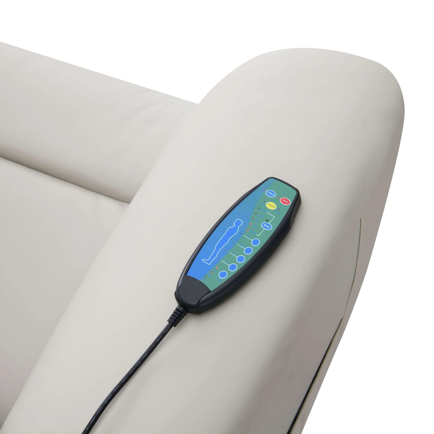 Control panel with buttons and display on a light gray recliner chair armrest