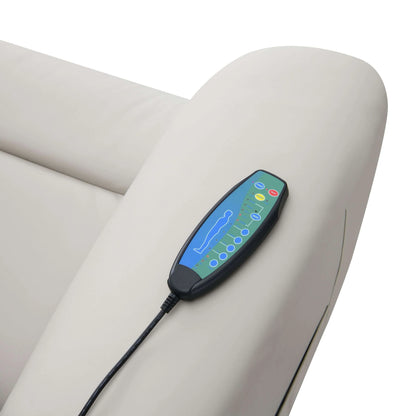 Control panel with buttons and display on a light gray recliner chair armrest