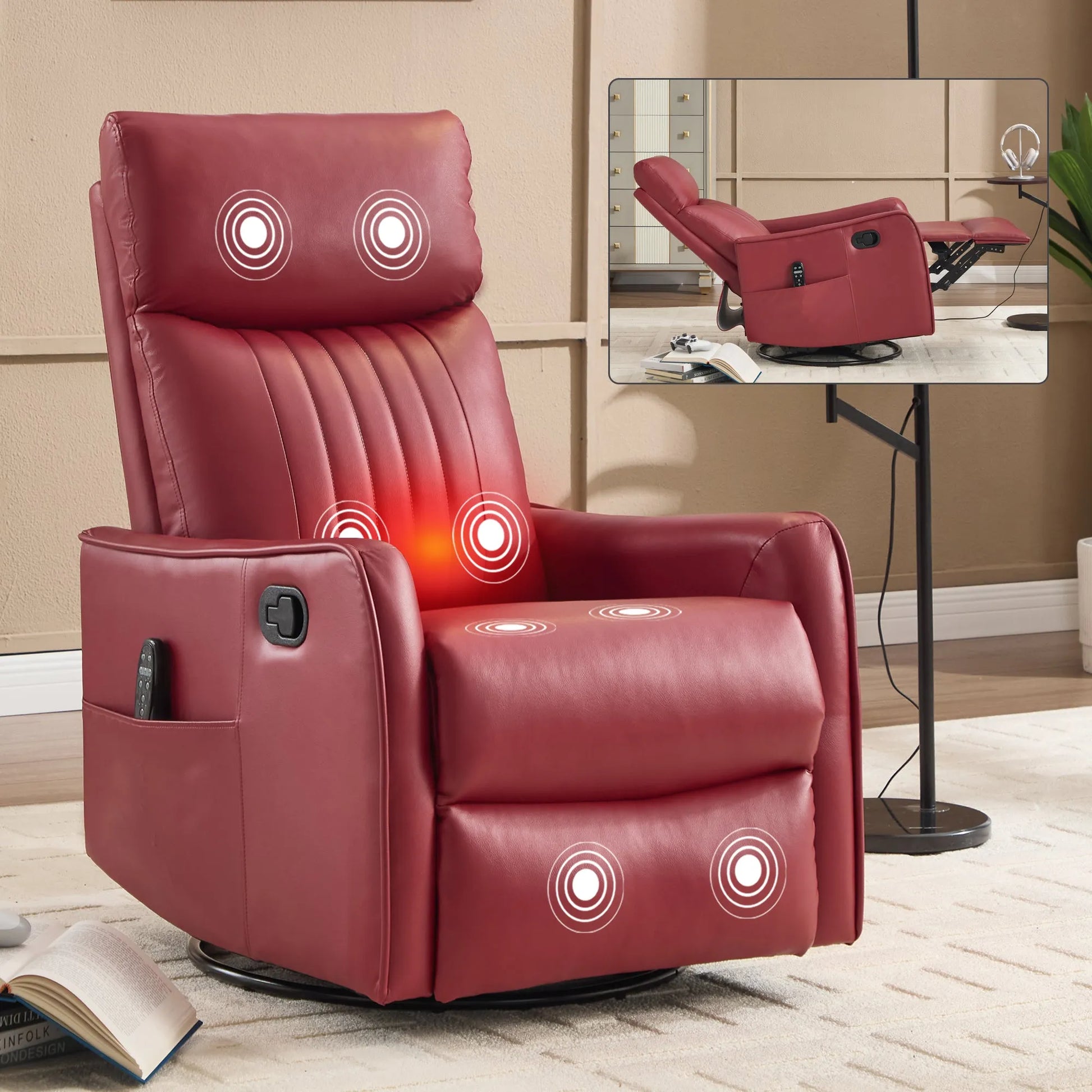 Red massage recliner chair with remote control in a room setting