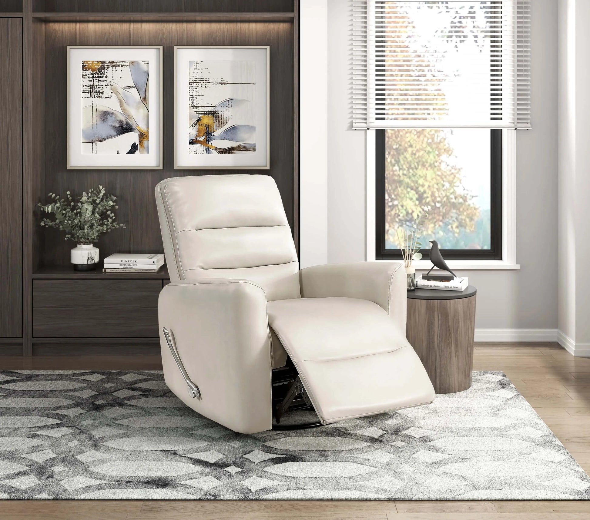 Beige recliner chair in a modern living room setting with abstract art and a window.