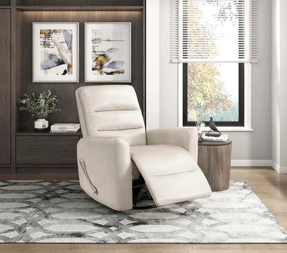 Beige recliner chair in a modern living room setting with abstract art and a window.