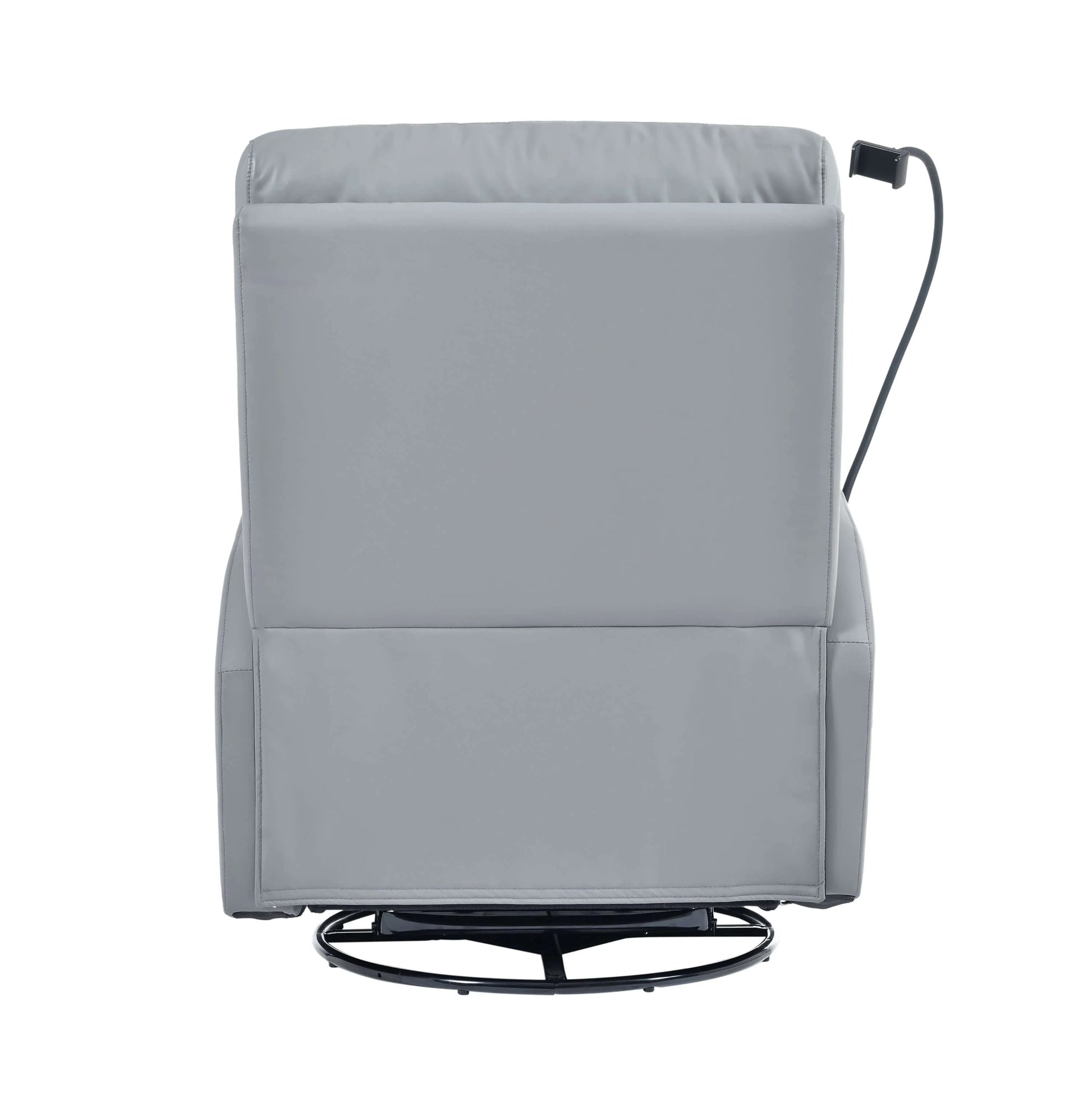 Back side of a gray recliner chair on a white background