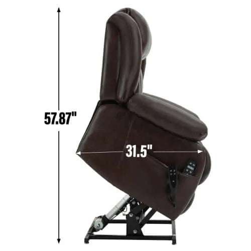 Brown recliner lift chair with dimensions indicated on a white background