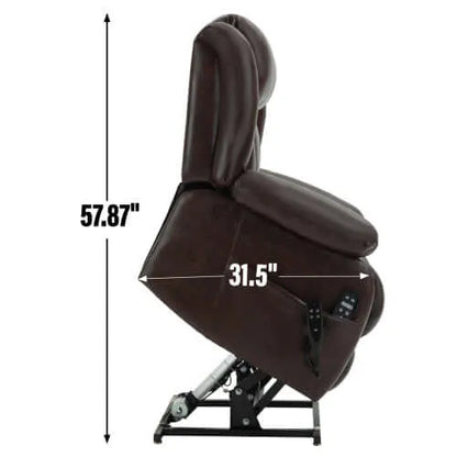 Brown recliner lift chair with dimensions indicated on a white background
