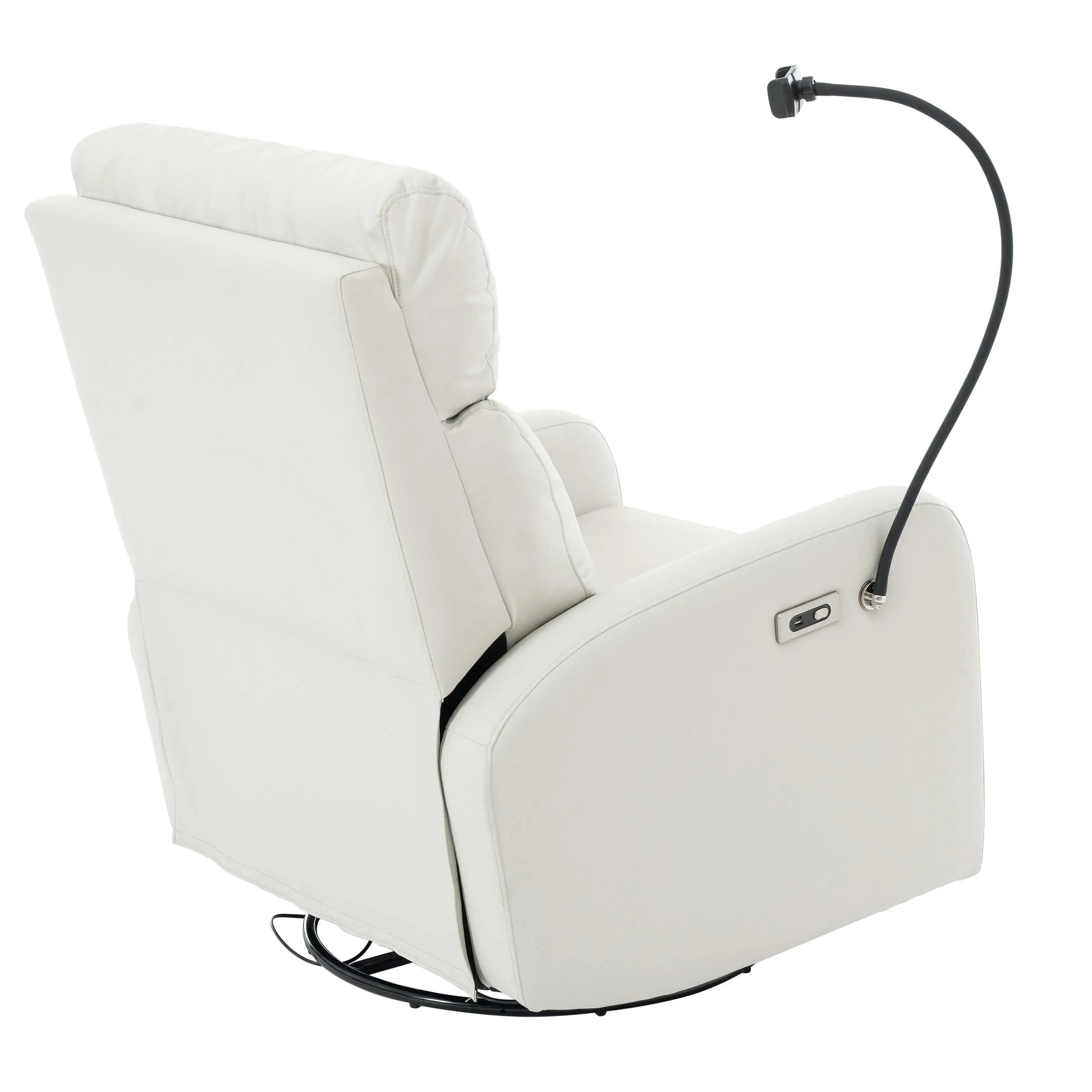 Angled back view of a light gray recliner chair with control panel on a white background