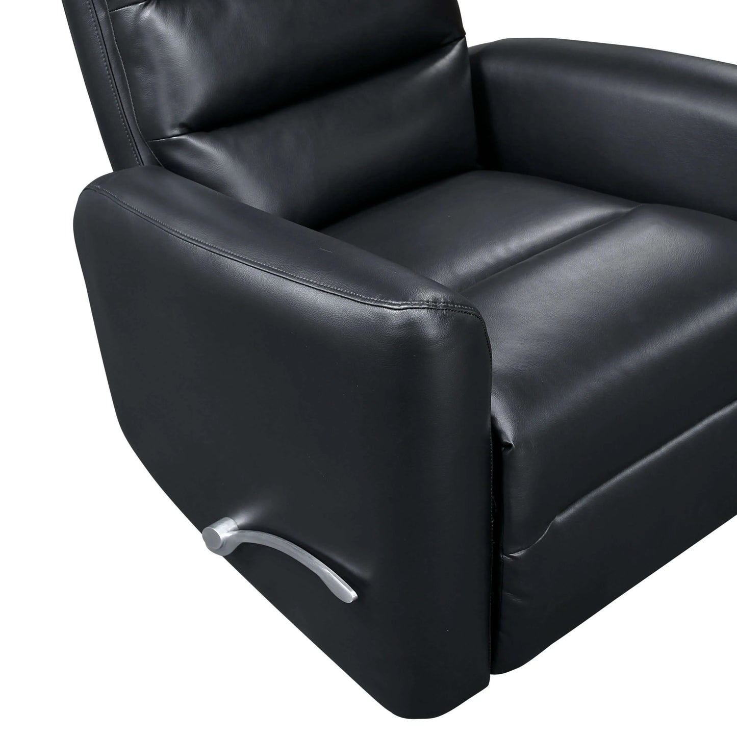Close up of a black leather recliner chair seat cushion on a white background