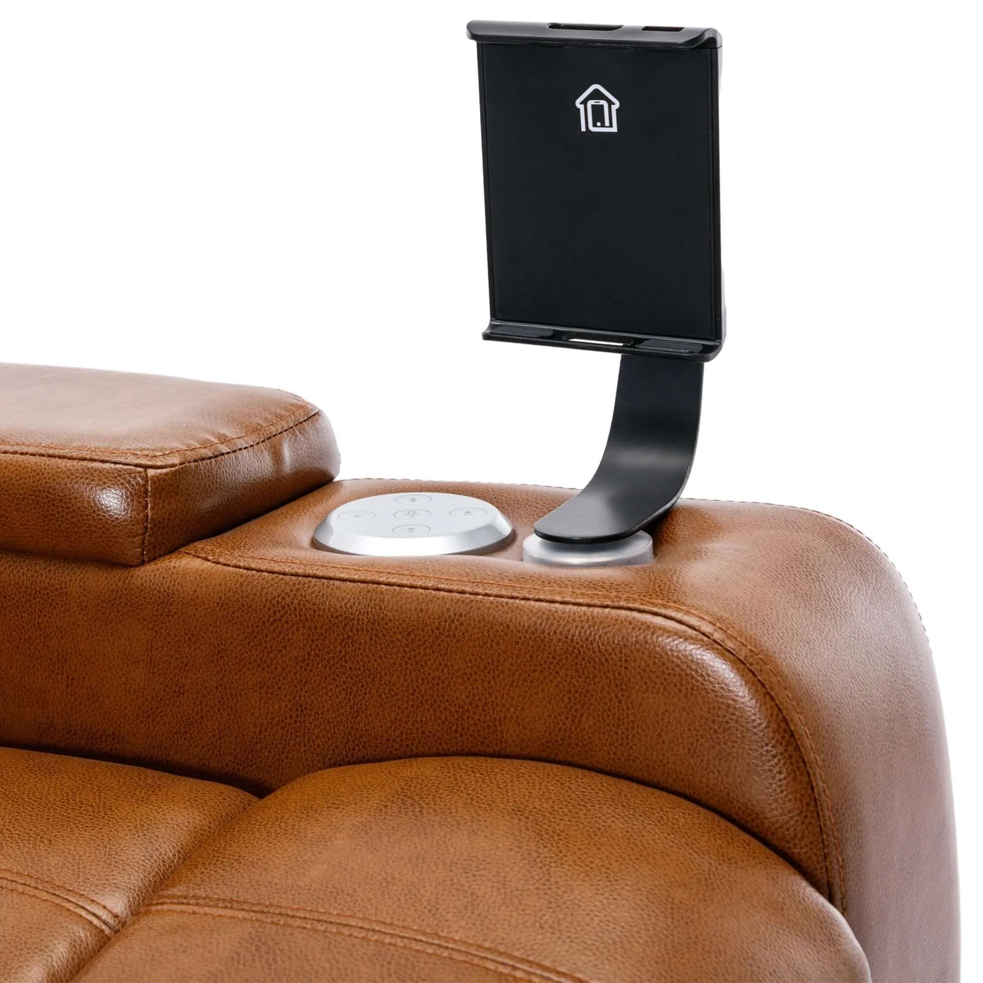 Phone holder on a brown leather recliner chair with a white background