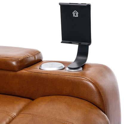 Phone holder on a brown leather recliner chair with a white background